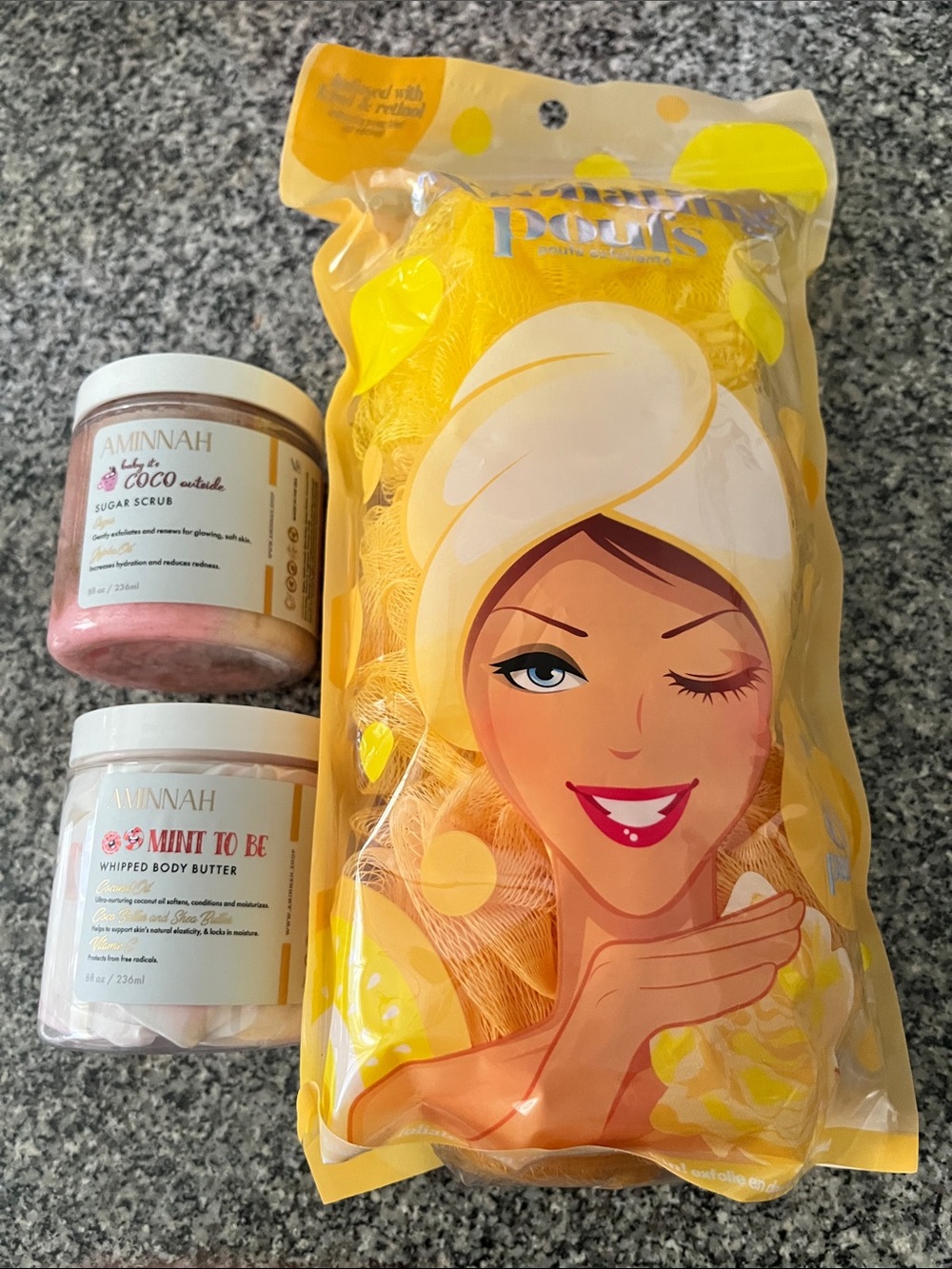 Exfoliating Yellow Bath Poufs (3) with Aminnah Sugar Scrub & Whipped Body Butter